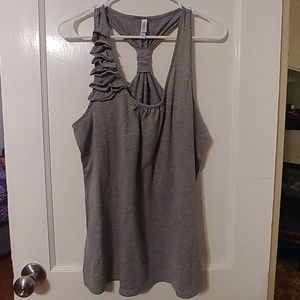 Grey cotton racerback tank with ruffle accent